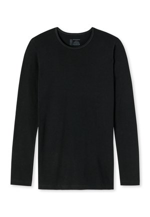 Černé tričko s dlouhým rukávem vyrobené z hladké bavlny s kulatým výstřihem a minimalistickým designem. Žádné viditelné vzory ani hardwarové detaily.