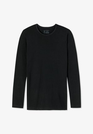 Černé tričko s dlouhým rukávem vyrobené z hladké bavlny s kulatým výstřihem a minimalistickým designem. Žádné viditelné vzory ani hardwarové detaily.
