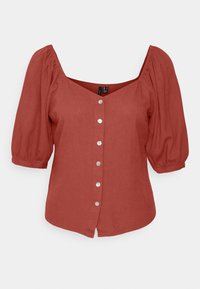 Rostfarbenes Bluse mit V-Ausschnitt, gepufften Ärmeln und einer durchgeknöpften Front mit silbernen Knöpfen. Weicher Stoff mit glatter Textur.