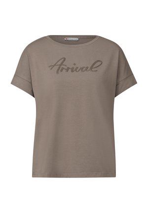 Koszulka bawełniana z krótkim rękawem w kolorze taupe, z napisem "Arrival" w odręcznym stylu ozdobionym kryształkami. Okrągły dekolt i luźny krój.