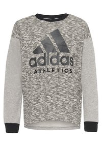 Felpa sportiva grigia con corpo testurizzato, dettagli neri su maniche e scollo, con un grande logo Adidas nero e la scritta "ATHLETICS".