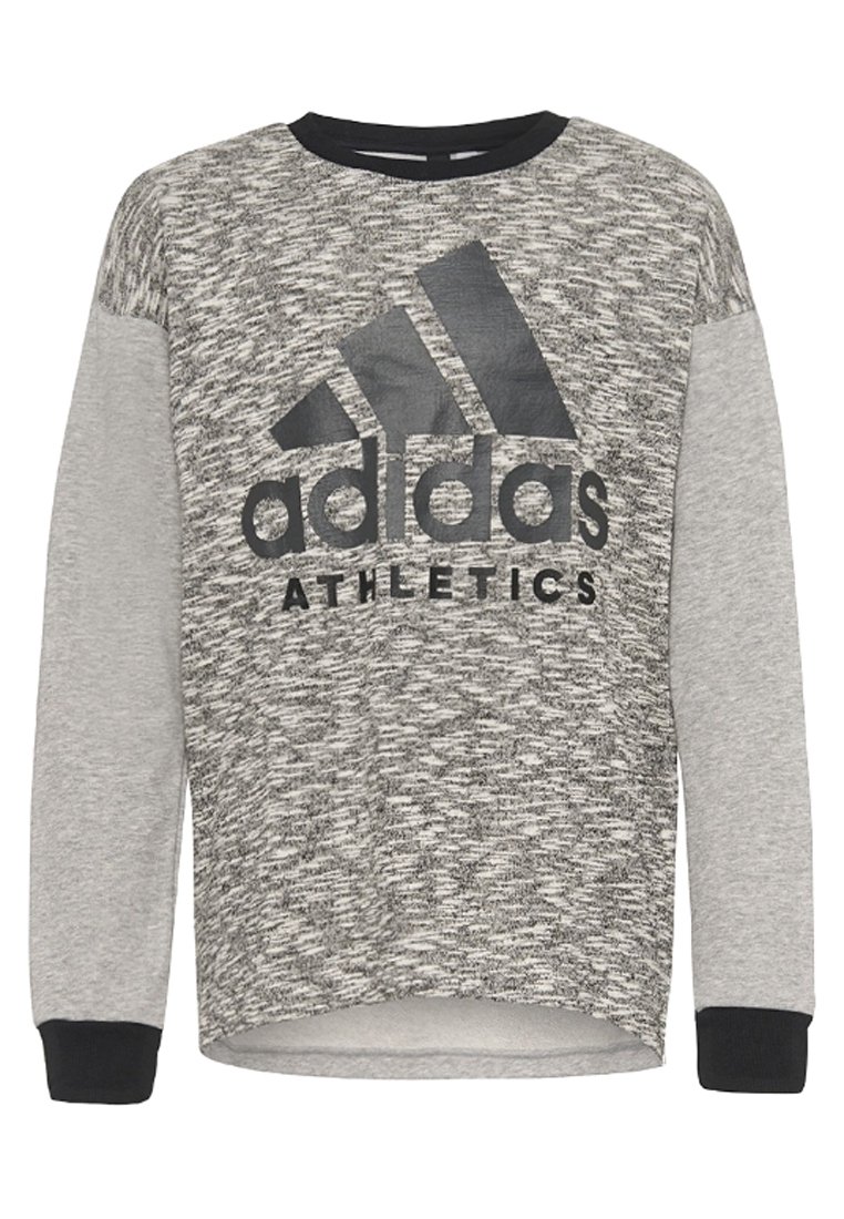 Felpa sportiva grigia con corpo testurizzato, dettagli neri su maniche e scollo, con un grande logo Adidas nero e la scritta "ATHLETICS".