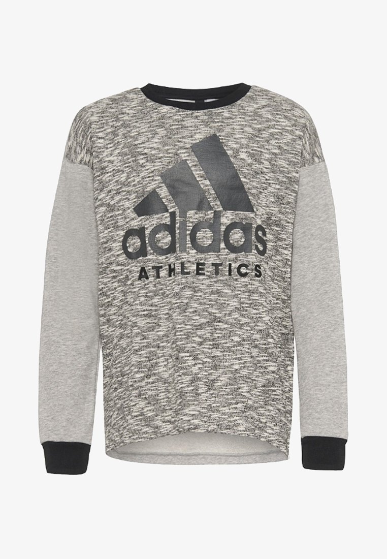 Felpa sportiva grigia con corpo testurizzato, dettagli neri su maniche e scollo, con un grande logo Adidas nero e la scritta "ATHLETICS".