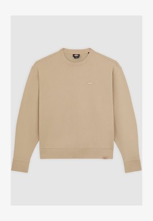 Beige huppari, jossa on pyöreä kaula-aukko, ribbikuvioidut hihansuut ja helma. Rinnassa on pieni brändin logopatch. Valmistettu pehmeästä puuvillamateriaalista.