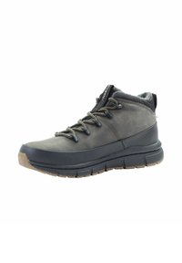 Średnio-wysokie buty trekkingowe w ciemnoszarej skórze o teksturowanym wykończeniu, z brązowymi gumowymi podeszwami, okrągłymi sznurowadłami i wyściełanym kołnierzem.