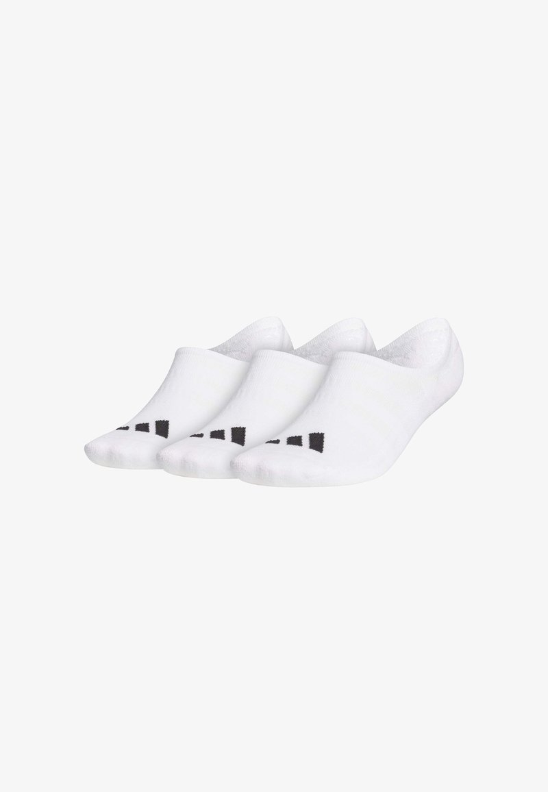 White ankle socks made of cotton blend, featuring a black logo detail on the toe area. Three pairs stacked, smooth texture, minimalist design.