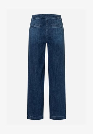 Dunkelblaue Jeans mit weitem Bein, Rückansicht, mit zwei horizontalen Leistentaschen und abgesteppten Säumen.