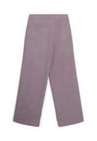 Leinen, helllila weite Hosen mit glatter Textur, ausgestattet mit zwei Gesäßtaschen und einem schlichten, nahtlosen Bund.