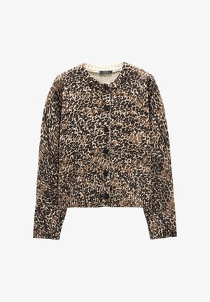 Kardigan w panterkę w odcieniach brązu i czerni, z dopasowanym ściągaczem, okrągłym dekoltem i czarnymi guzikami z przodu. Miękka tekstura materiału.