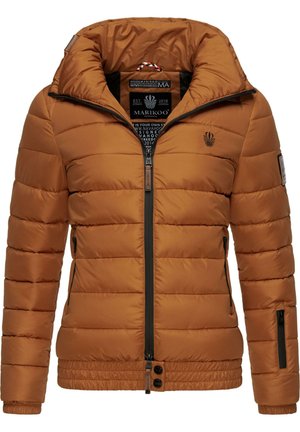 Brauner Pufferjacke mit einem Reißverschluss vorne, hohem Kragen und horizontalen Nähten. Verfügt über zwei seitliche Reißverschlusstaschen und ein Logo-Detail.