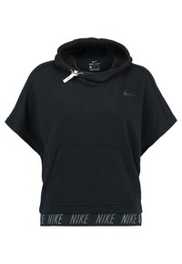 Sweat-shirt noir à capuche à manches courtes de Nike avec poche avant, tissu Dri-FIT et taille élastique marquée "NIKE".