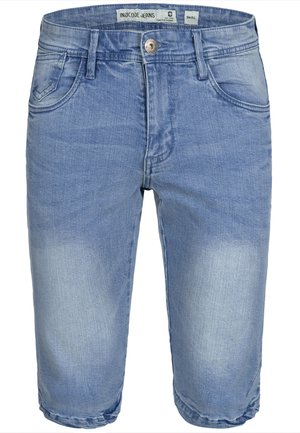 Shorts in denim bluastro con una texture leggermente sbiadita, design a cinque tasche e orlo arrotolato. Chiusura con bottone metallico e zip in vita.