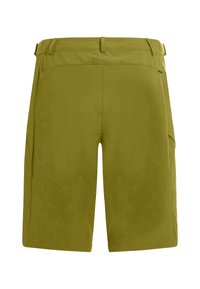Shorts pour hommes couleur vert olive avec passants pour ceinture, poches latérales et ourlet droit, vus de dos sur un fond blanc.