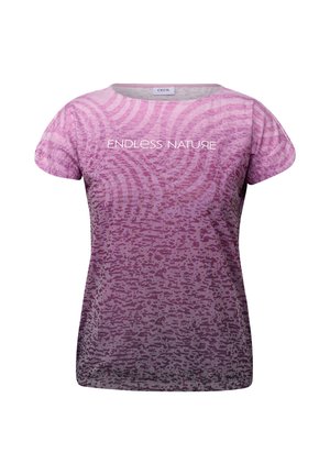 Korte mouwen t-shirt in verloopkleuren van roze, met een textuurpatroon en de tekst "ENDLESS NATURE" in het wit op de voorkant.