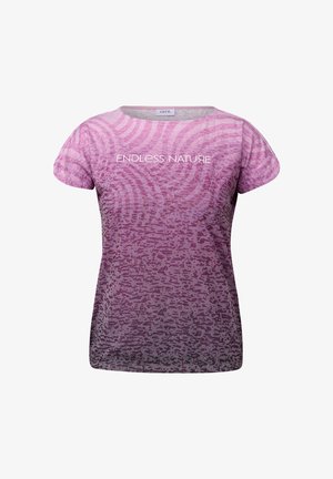 T-shirt a maniche corte in sfumature di rosa, con un motivo testurizzato e la scritta "NATURA INFINITA" in bianco sulla parte anteriore.