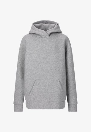 Lichtgrijze capuchonsweatshirt met lange mouwen en een voorzak, weergegeven op een witte achtergrond.