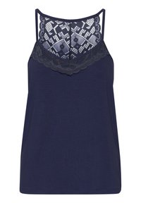 Navy blue sleeveless top with lace detail on upper chest and thin shoulder straps.