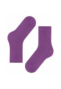 Lila Socken aus gewebtem Stoff, mit einem gerippten Muster und einem strukturierten Design. Sie haben eine mittlere Wadenlänge und glatte Nähte.