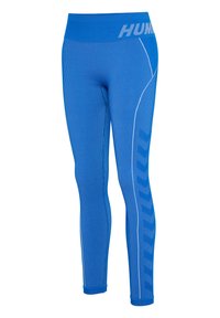 Niebieskie prążkowane legginsy z wysokim stanem, jasnymi pionowymi paskami i wzorem w jodełkę po zewnętrznej stronie jednej nogawki.