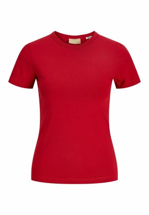 Rød kortærmet tætsiddende T-shirt med rund hals og en lille label indeni kraven, vist på en hvid baggrund.