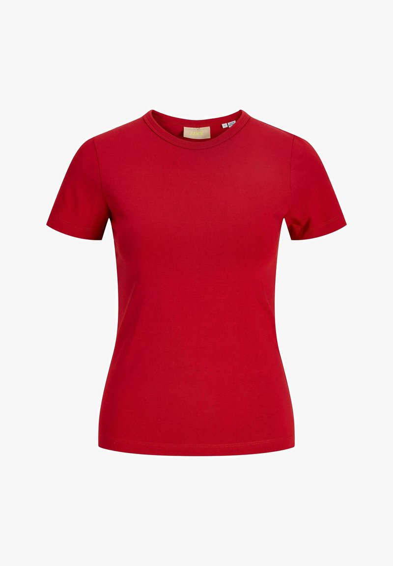 Κόκκινο εφαρμοστό μπλουζάκι με κοντά μανίκια και στρογγυλή λαιμόκοψη, με μια μικρή ετικέτα μέσα στο γιακά, εμφανιζόμενο σε λευκό φόντο.