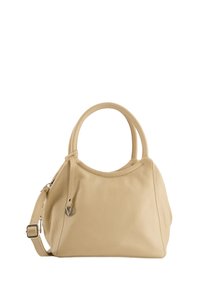Beige Lederhandtasche mit strukturierter Oberfläche, runder Form, zwei oberen Griffen und einem verstellbaren Schultergurt. Verfügt über eine dekorative Hardware-Akzent.