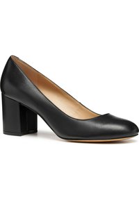 Svart läderpumps med blockklack och rund tå, med en slät yta. Enkel design med låg vamp och solid fyrkantig klack.