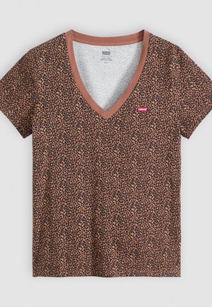 Levi's short-sleeve T-shirt featuring a v-neck, a brown and black leopard print, soft fabric, and a small red logo on the chest.