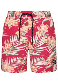 Bañador corto rosa con un estampado tropical de flores, que presenta grandes flores naranjas y amarillas, así como hojas verdes. Cintura con cordón ajustable.