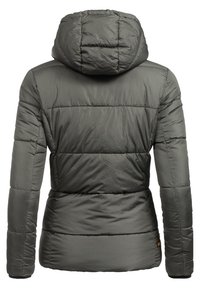 Dark green, padded winter jacket with a hood, featuring stitched horizontal panels and a fitted silhouette. Smooth, shiny fabric texture.