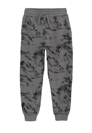Grå joggebukser med sort abstrakt marmoreret mønster, elastisk talje med snøre og manchetter ved anklerne.