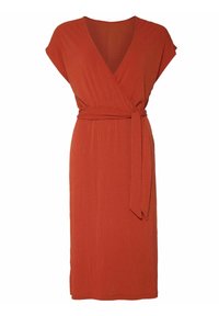 Rostfarbene Wickelkleid mit kurzen Ärmeln, strukturiertem Stoff, V-Ausschnitt und passendem Bindegürtel. Einfaches, knielanges Design ohne Muster.