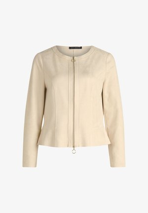 Beige taillierter Blazer mit rundem Ausschnitt, Reißverschluss und Peplum-Taille. Hergestellt aus weichem Stoff mit vertikalen Nahtdetails.