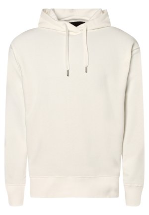 Sweat à capuche uni écru avec manches longues, cordons réglables et poignets et bas en côte.