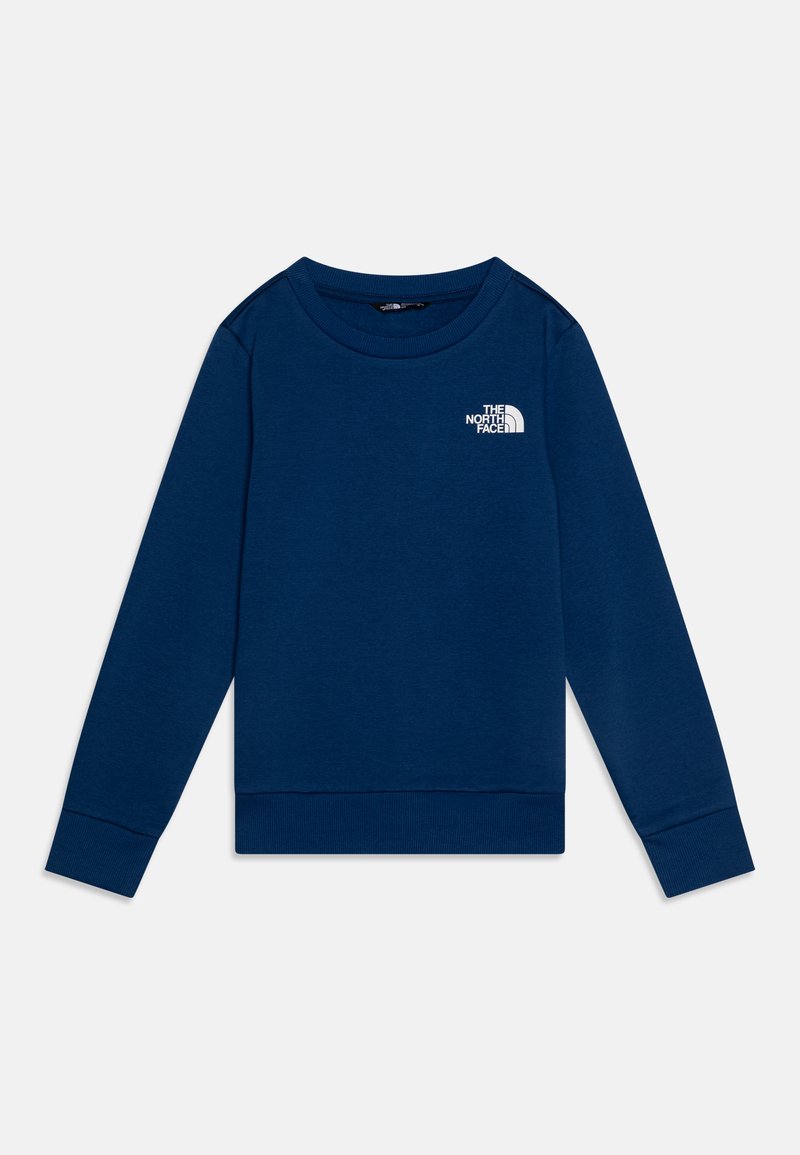 Sweatshirt azul marinho em mistura de algodão, com mangas longas, gola redonda e um logotipo branco no peito. Textura suave.