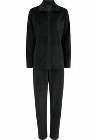 Czarnoszary dres z polarowego materiału z zippowanym kurtką z kołnierzykiem i pasującymi spodniami. Miękka tekstura z uproszczonym, casualowym designem.