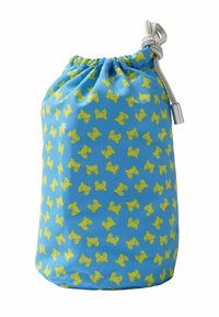 Sacca blu con cordoncino, decorata con un motivo di granchietti gialli, realizzata in tessuto testurizzato e con un cordino argentato. Fondo arrotondato con design a cima arricciata.
