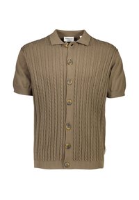 Ruskea lyhythihainen neulejakku, jossa on kaulus ja seitsemän nappia edessä, nimeltään "Lindbergh Relaxed Fit."