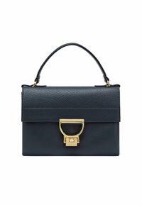 Borsa a mano in pelle blu scuro con forma strutturata, dotata di manico superiore, accessori dorati e superficie liscia e strutturata.