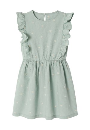 Light green sleeveless dress with ruffled shoulders and small white floral embroidery, gathered waist, and keyhole back closure.