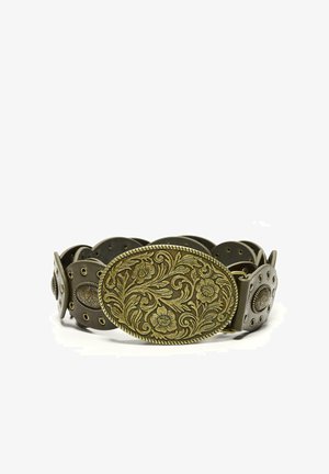 Brown leather belt with large oval brass buckle featuring embossed floral and leaf patterns, matching decorative metal accents on strap.
