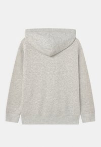 Sudadera gris claro con mangas largas y capucha, vista desde la parte posterior sobre un fondo blanco liso.