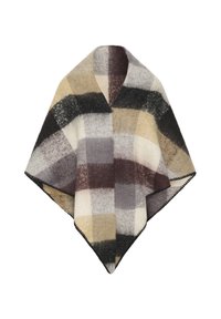 Plaid shawl in soft wool blend, featuring shades of cream, grey, black, and mustard. Finished with black stitching along the edges.