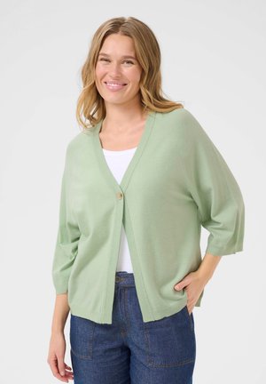 Lichtgroene cardigan van zachte stof, met een V-hals, driekwartmouwen en een enkele houten knoopsluiting. Gecombineerd met een witte top.