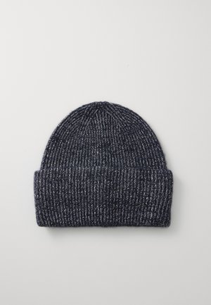 Berretto a maglia in un blu navy scuro con una trama a coste e fili metallici leggeri. Presenta un risvolto, che offre una vestibilità aderente.