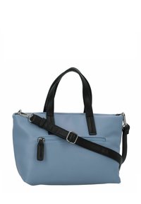 Sac à main bleu clair avec des poignées en cuir noir et une bandoulière ajustable. Dispose d'une poche zippée à l'avant et d'une texture lisse.