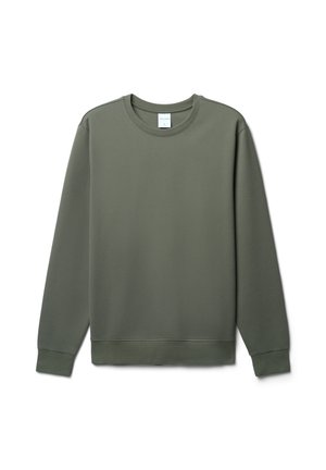Olivengrüner Pullover aus weichem Stoff, mit rundem Halsausschnitt, langen Ärmeln und gerippten Bündchen und Saum. Keine Muster oder Akzente.