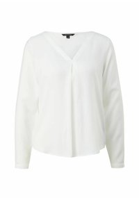 Blusa blanca de manga larga con escote en V, que presenta un diseño con pliegues en la parte delantera y un tejido suave y ligero. Corte holgado y rematada en la cintura.