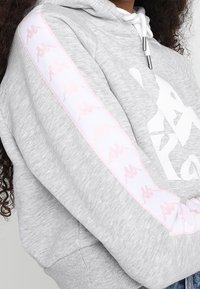 Felpa grigia con logo bianco, caratterizzata da strisce laterali rosa con loghi ripetuti. Tessuto morbido, cappuccio con cordini e polsini a costine.