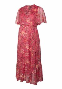 Robe de maternité rose à fleurs avec de courtes manches flottantes, décolleté en v, taille cintrée et ourlet à volants superposés, fabriquée en tissu léger et transparent.